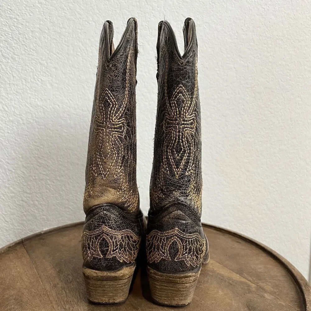 Corral Boots Teens Wing & Gross Brown Gold Western Cowboy Boots Youth Size 2